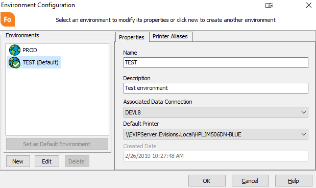 Environment configuration dialog showing two environments, TEST and PROD.